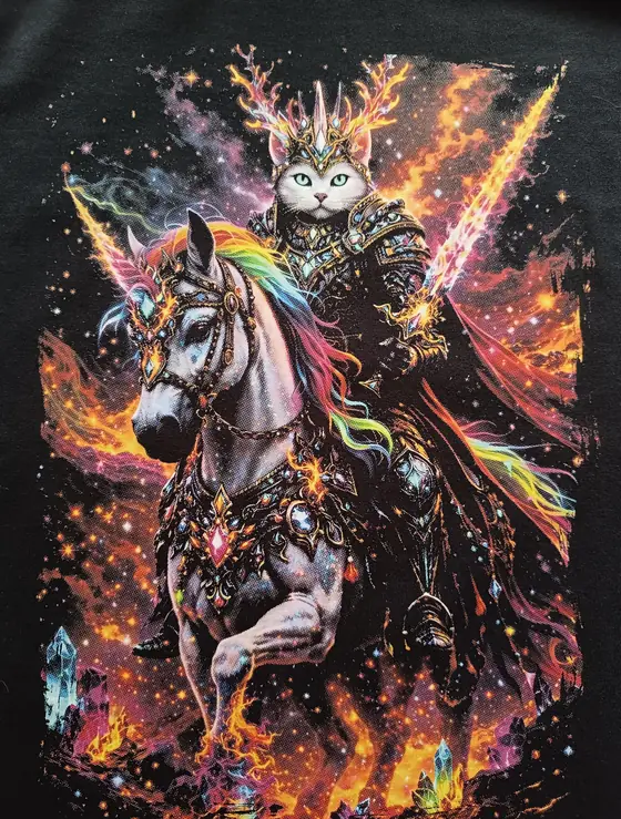Le même visuel pressé sur un chandail noir : le chat en armure et son cheval ressortent en couleurs saturées, et le fond étoilé se fond dans le tissu.